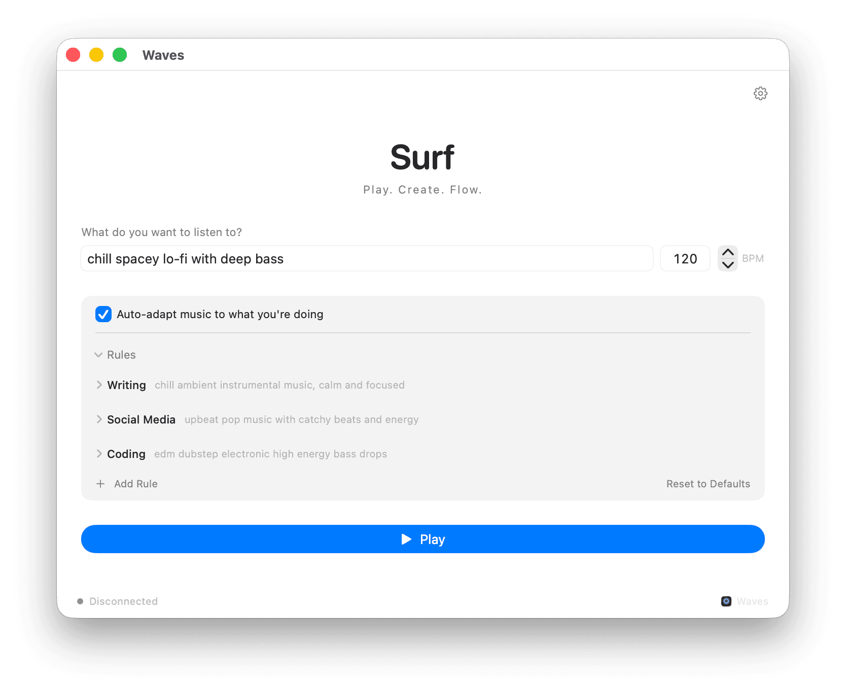 Surf mode adaptive music controls