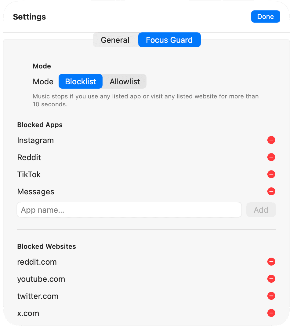 FocusGuard blocklist and allowlist controls